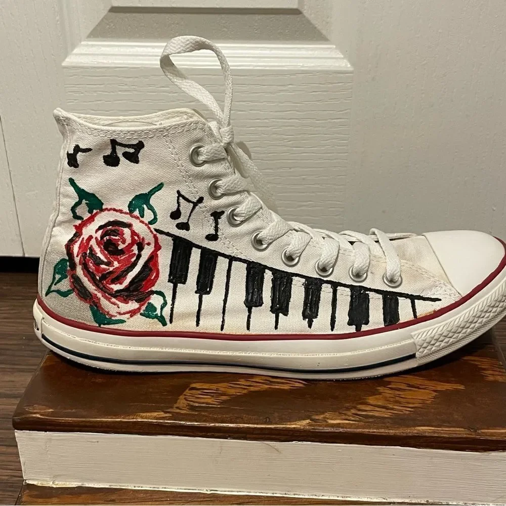 Converse Custom Painted Rose Music Piano Sneakers White Red Green Men 10 Wom 12 - Picture 3 of 14